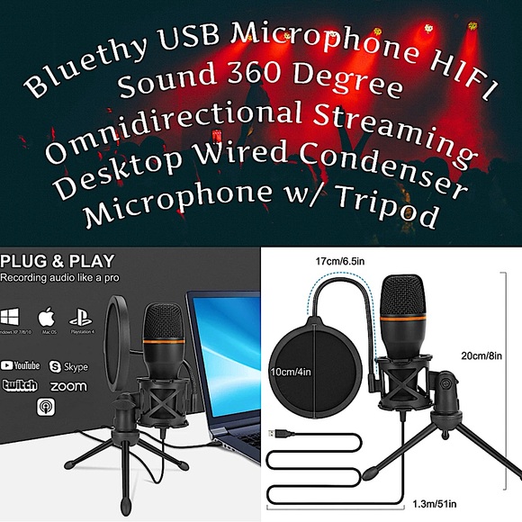 🎤BLUETHY- USB Microphone HiFi Sound 360 Degree Streaming Condenser Mic w/Tripod - Picture 1 of 17